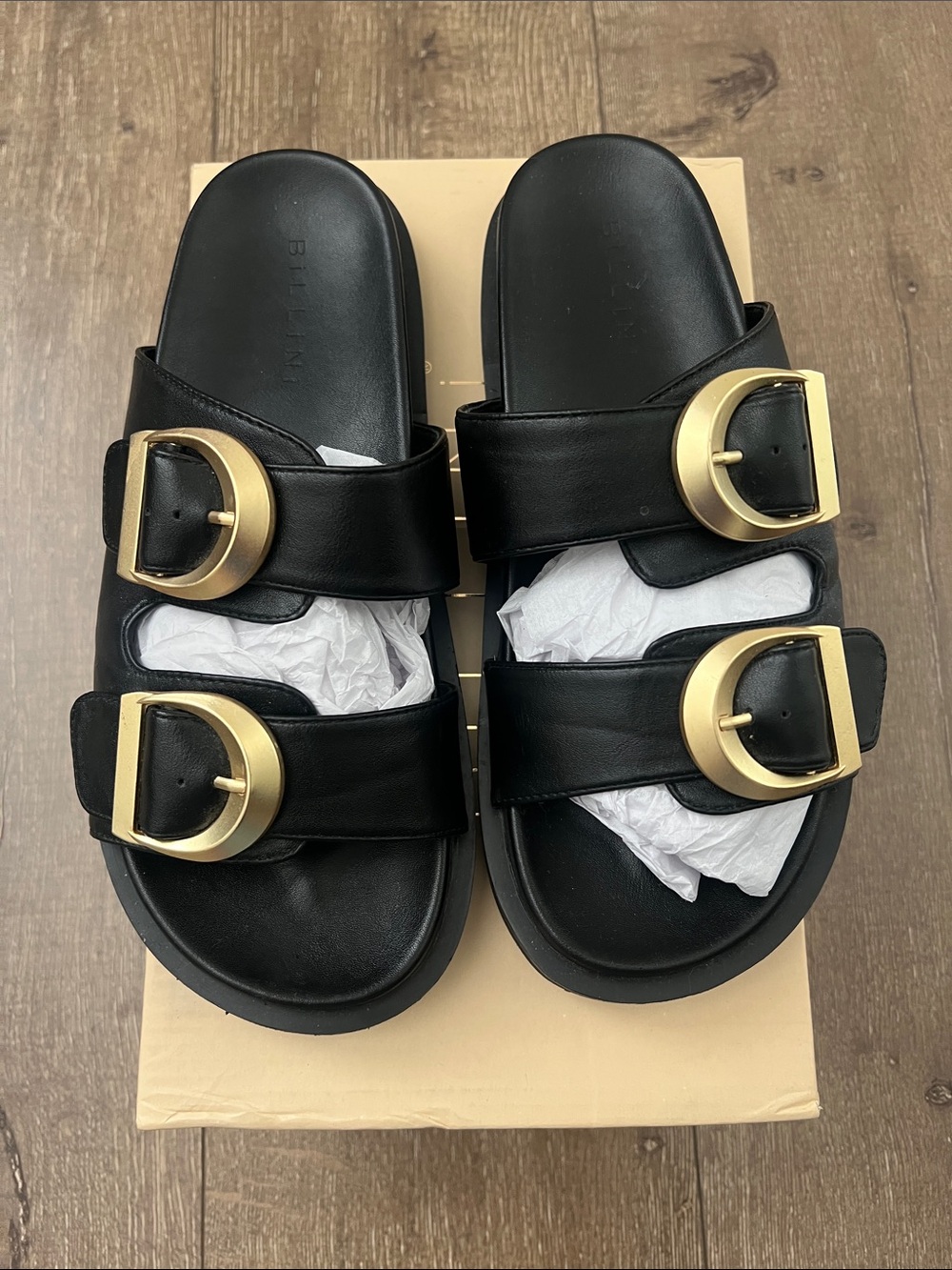 Billini Black Slide Sandals with Gold Buckles